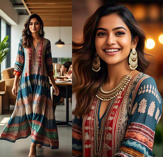 Woman wearing elegant indian fusion wear with intricate patterns and statement jewelry indoors