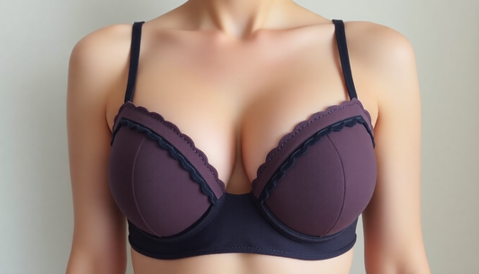 Close-up of a woman wearing a dark purple padded bra with black trim and straps