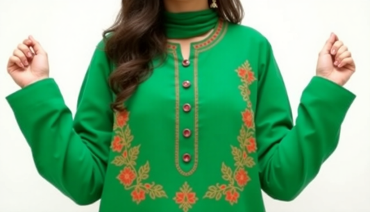 Green kurti for women with floral embroidery and button detailing on the front