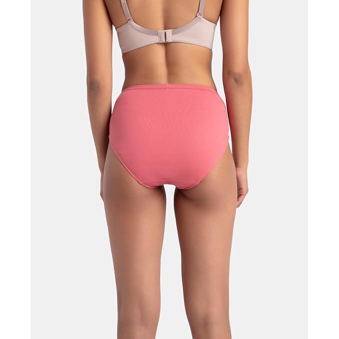 Back view of a woman wearing pink comfortable ladies panties pack with beige bra