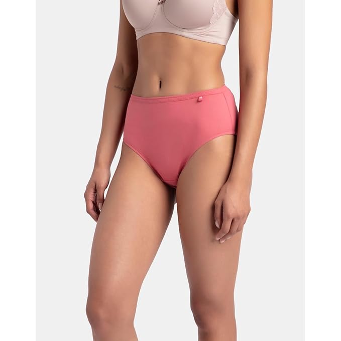 Comfortable ladies panties pack featuring high-waist pink panties worn by a woman in a beige bra