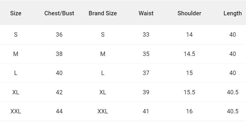 Size chart for kurti for women showing measurements for chest bust waist shoulder and length in sizes S to XXL
