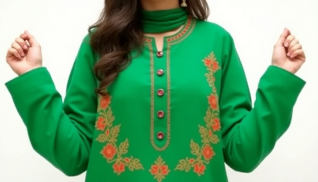 Green kurti for women with floral embroidery and button detailing on the front