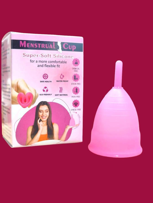 Pink menstrual cup made of super-soft silicone next to its eco-friendly and flexible fit packaging