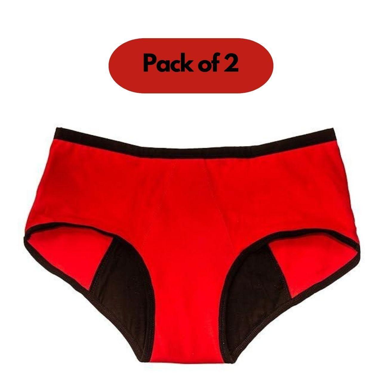 Red and black pack of 2 period panty designed for comfort and leak protection