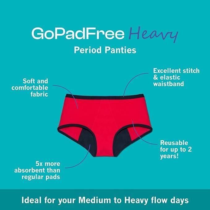 Red GoPadFree Heavy period panty with soft fabric, elastic waistband, and 5 times more absorbent than pads