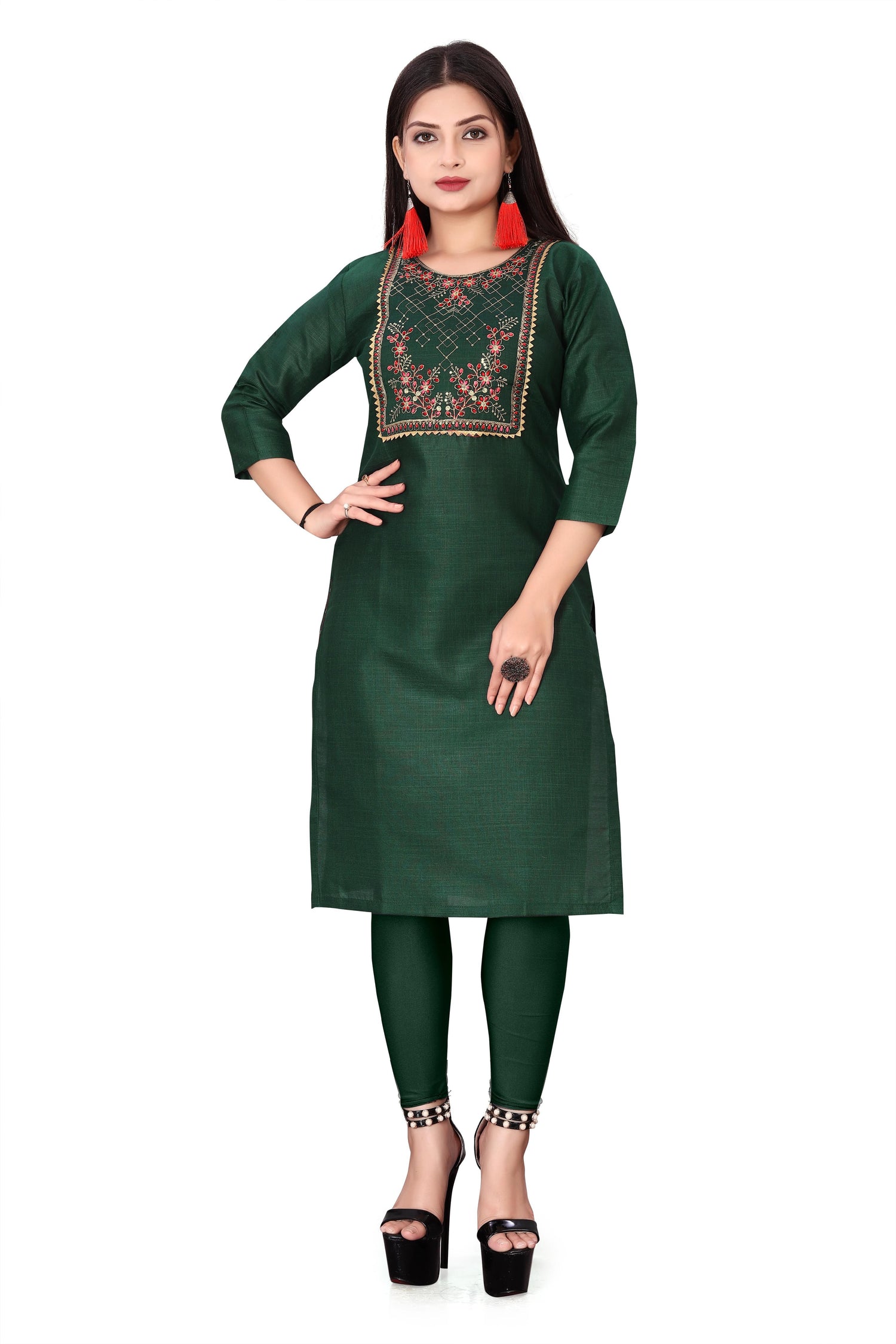 Green embroidered kurti for women with three-quarter sleeves paired with matching leggings