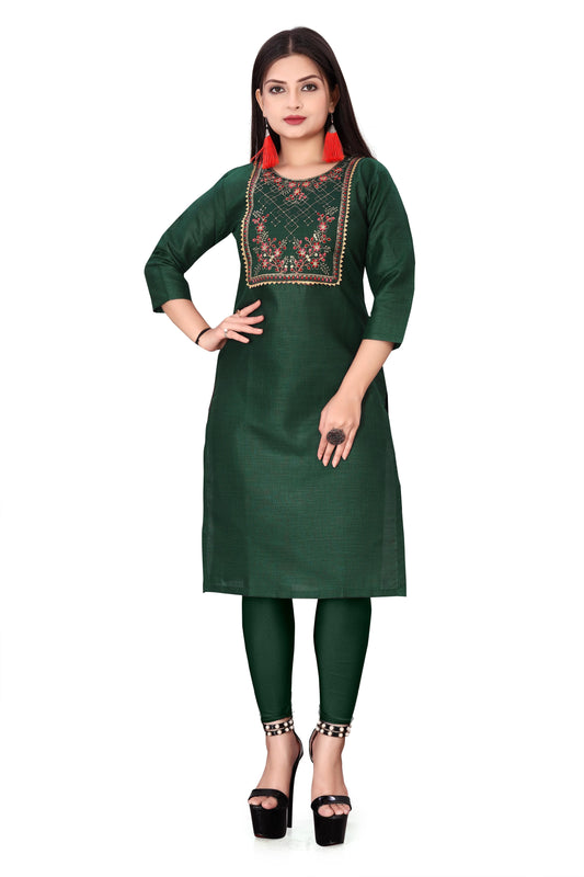 Green embroidered kurti for women with three-quarter sleeves paired with matching leggings