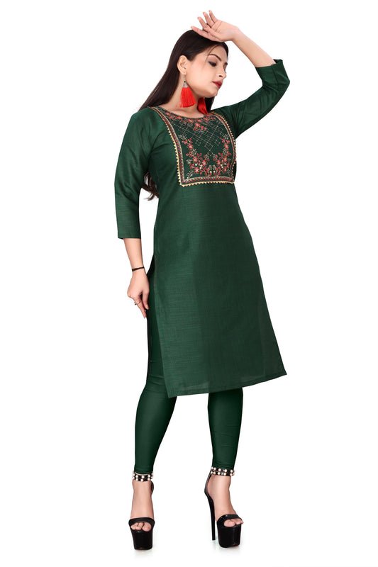 Green embroidered kurti for women with three-quarter sleeves paired with matching leggings and black heels