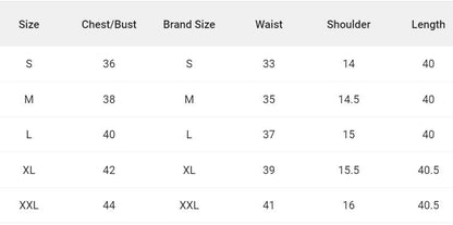 Size chart for kurti for women showing measurements for chest bust waist shoulder and length in sizes S to XXL