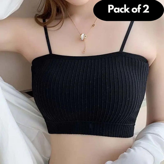 Black ribbed soft bralette for women with thin straps shown in pack of 2