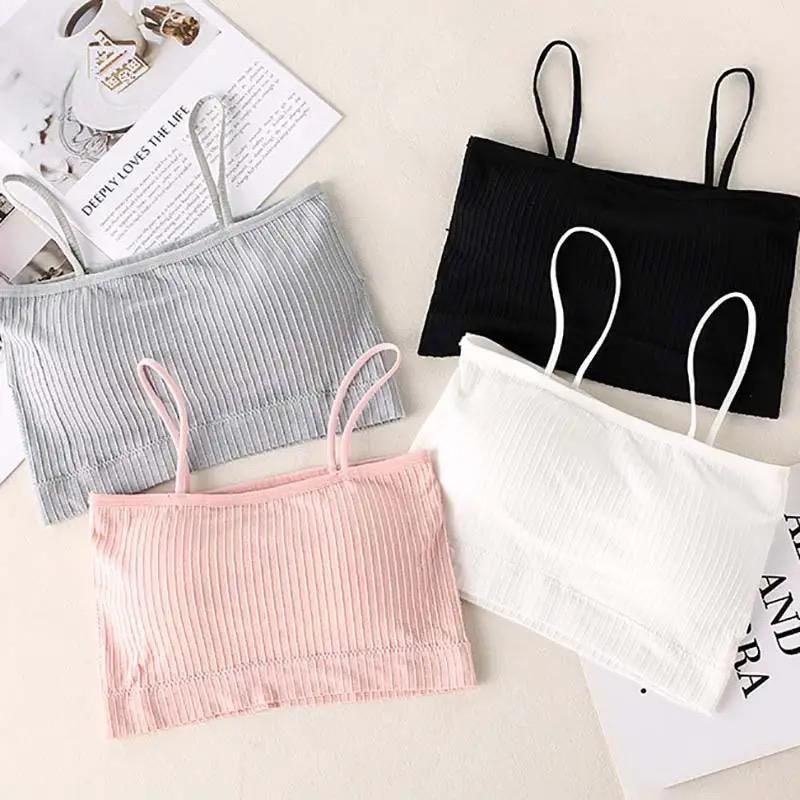 Set of soft bralette for women in black, white, gray, and pink ribbed fabric with thin straps