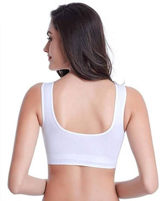 Woman wearing white stylish breathable bras with a comfortable scoop back design